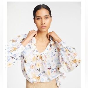 Munthe "Ferne" Creme Floral Print Cotton Silk V-Neck Women's Blouse Top